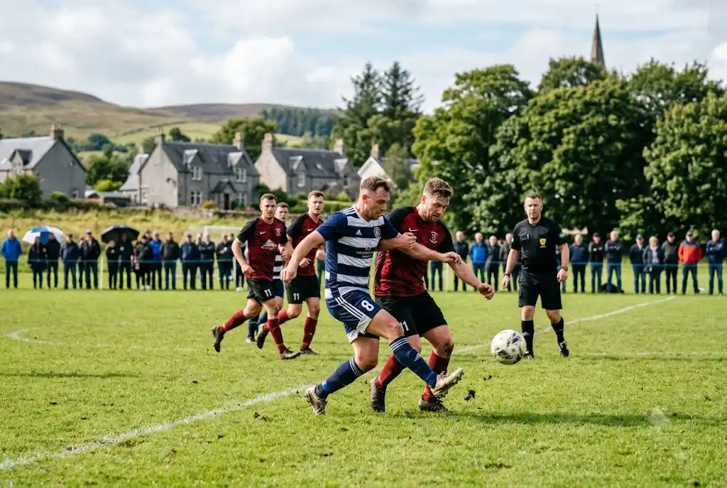 Players competing in an amateur football match at a Scottish grassroots football club.