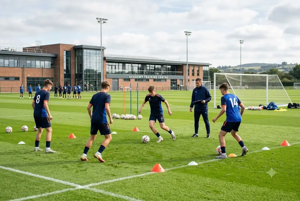Young players participating in England youth football academy training on a professional football pitch.