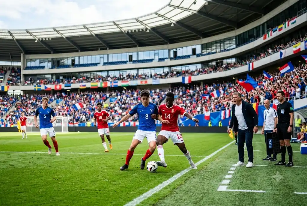 Young footballers representing international youth teams during an official international football match.