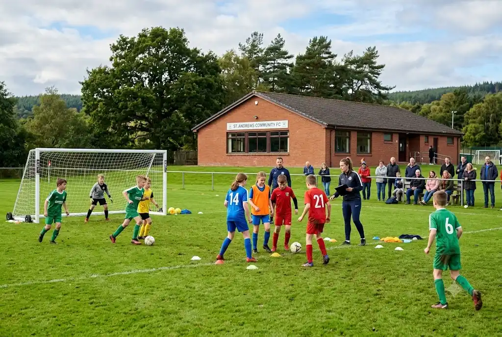 Young players participating in youth football clubs training at a Scottish grassroots football academy.