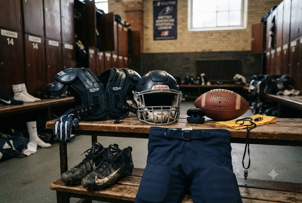 American football equipment UK including helmet, shoulder pads, gloves and football pants
