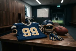American football jersey for UK fans displayed with American football equipment