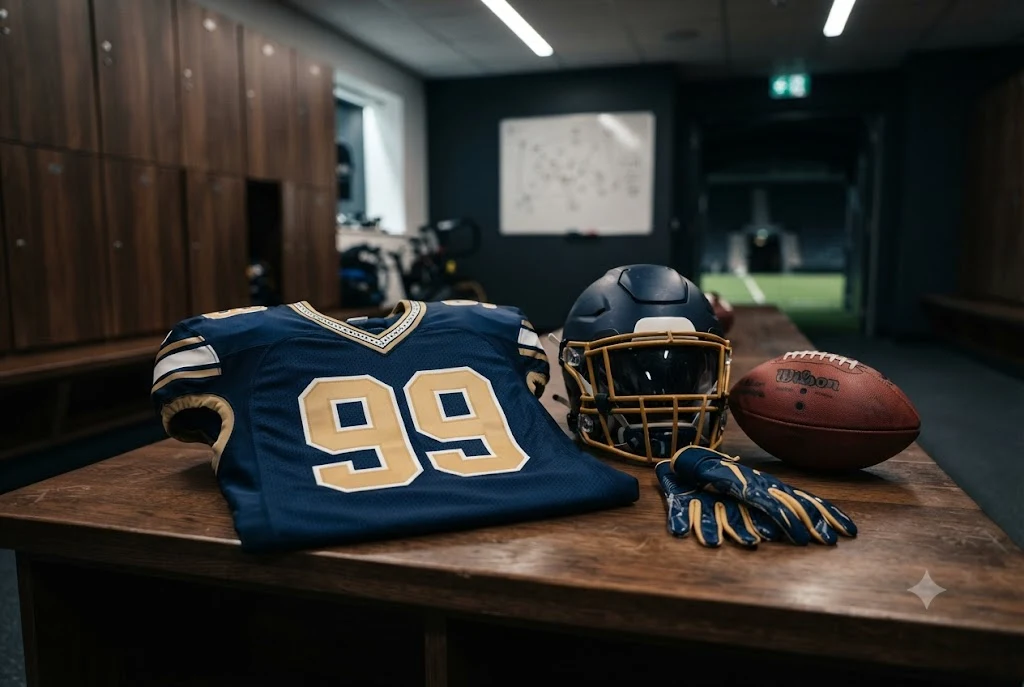American football jersey for UK fans displayed with American football equipment