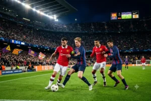 Barcelona Manchester United players competing in a European football match