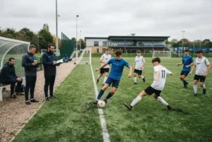 Football academy trials with young players being assessed by youth coaches