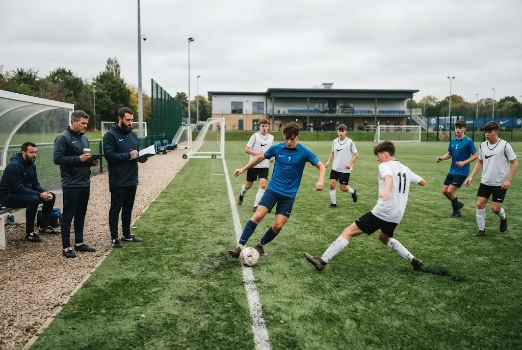 Football academy trials with young players being assessed by youth coaches