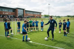 Football coaching session helping young players develop their skills