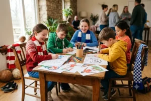 Children enjoying a football colouring book with football-themed colouring pages