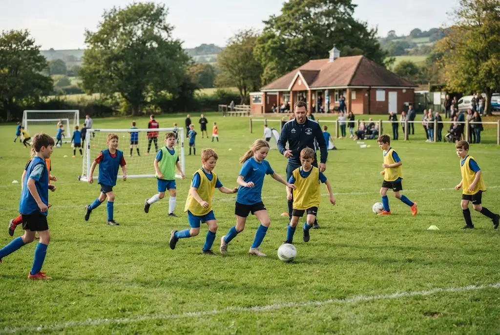 Football for kids during a fun youth training and development session