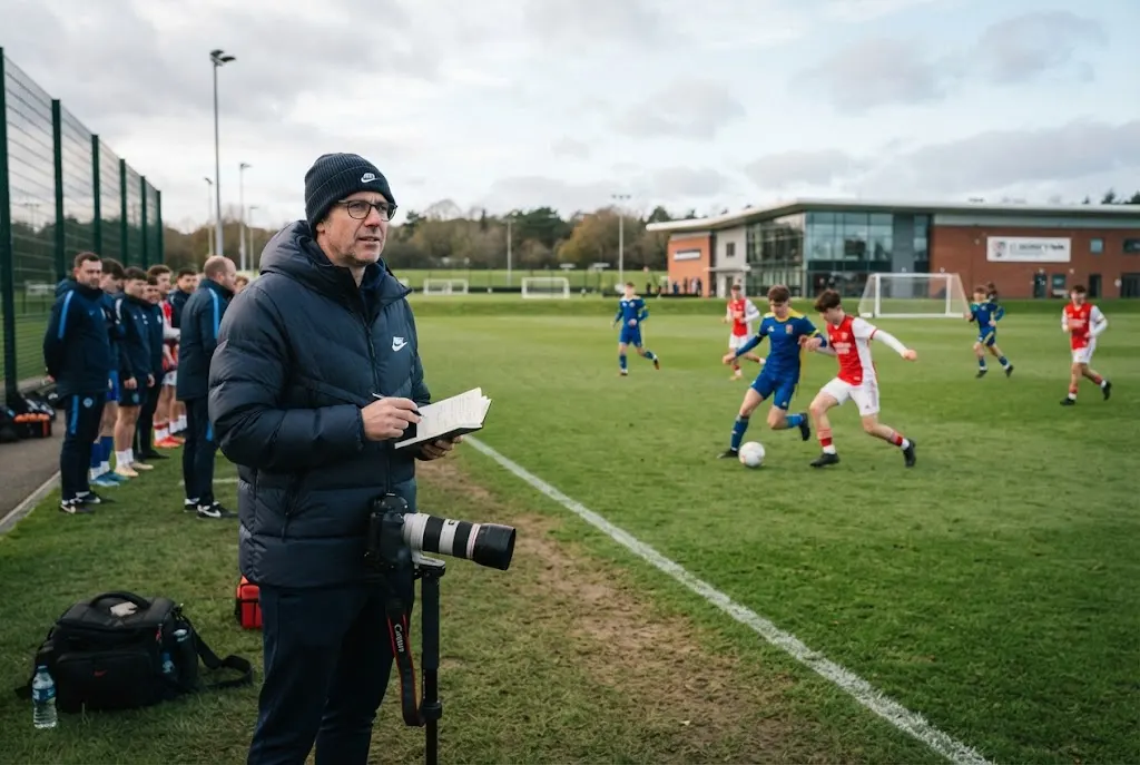 Football scouting at a youth match as a scout assesses young players