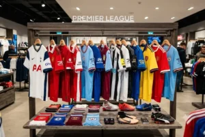 Official football shirts Premier League clubs displayed in a football merchandise store