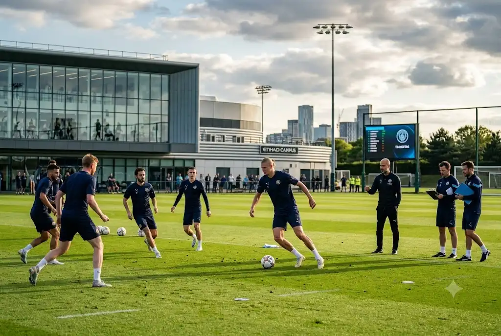 Football transfer news man city featuring Manchester City players during training