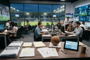 Football transfer news Sky coverage showing a professional football transfer newsroom