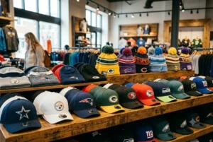 Official NFL hats including baseball caps and beanie caps displayed for fans