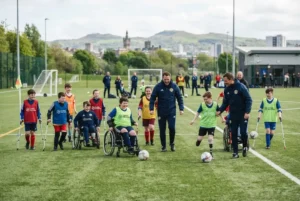 Disability football players taking part in an inclusive youth football session