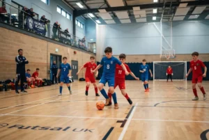 Futsal training session with young football players in the UK