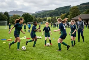Girls football players training together at a Scottish youth football club