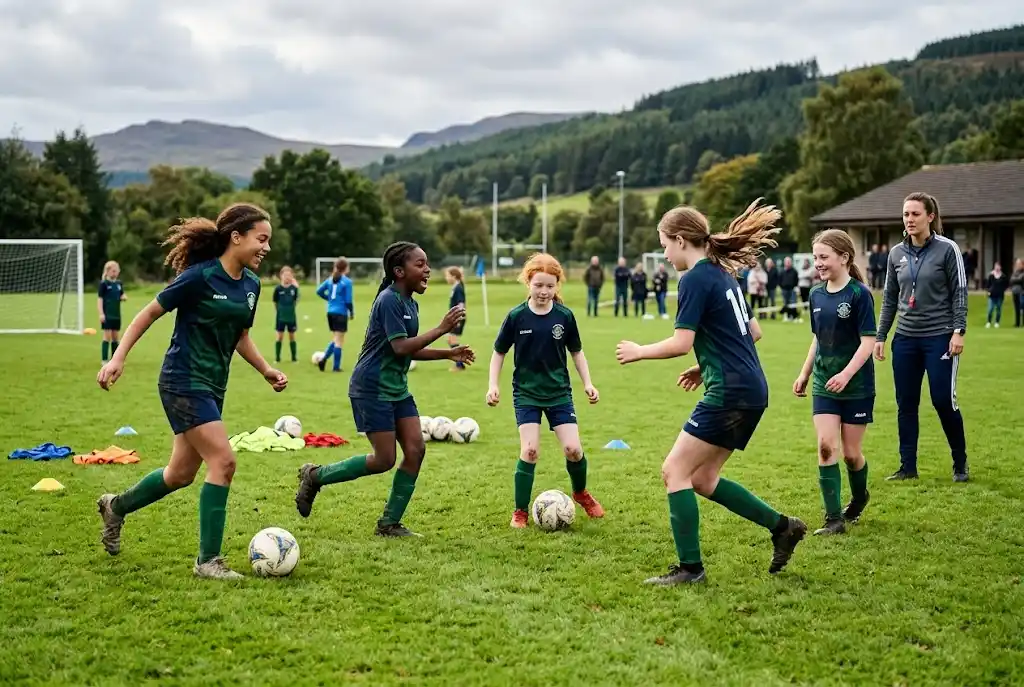Girls football players training together at a Scottish youth football club