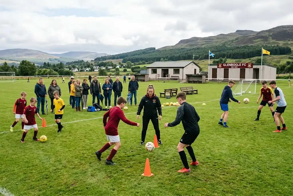 Grassroots football players training at a local Scottish football club