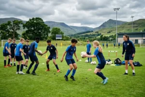 Youth football players training together at a Scottish football academy
