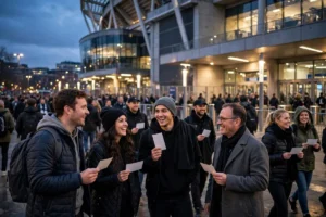 Fans with football game tickets london arriving at a stadium on matchday