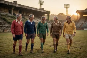 Football legendary players in retro kits walking out at a historic stadium