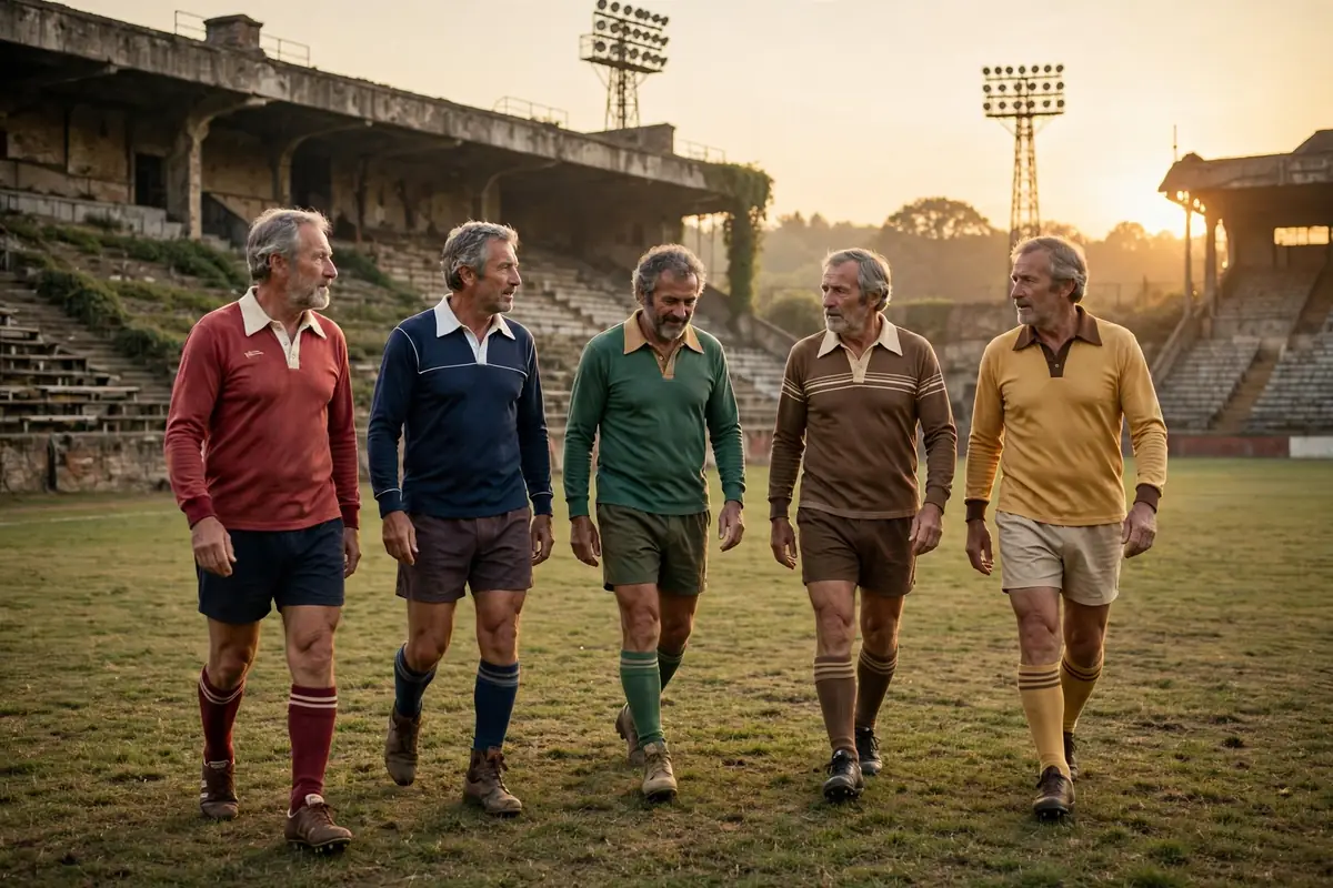 Football legendary players in retro kits walking out at a historic stadium