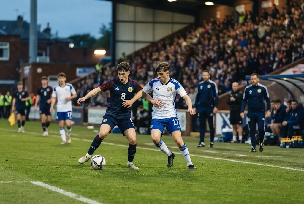 International youth football match featuring academy players in a Scottish stadium