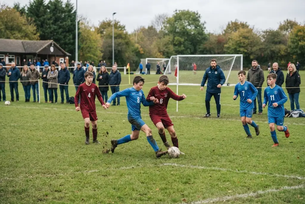 Youth football leagues match with young players competing on a UK community football pitch